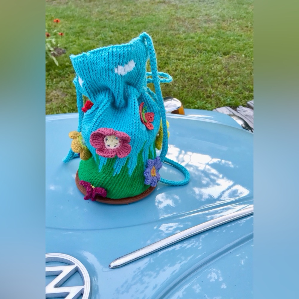 Handmade Knit & Crochet Nice Day Round Small Floral Butterfly Crossbody Bag - Picture 3 of 16